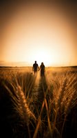Romantic couple holding hands walking through golden wheat field at sunset with warm sunlight creating dreamy atmosphere for love and relationship concepts.