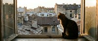 Woman with dark hair and fair complexion sitting on windowsill overlooking urban rooftops at golden hour, contemplative mood, suitable for editorial, lifestyle, and mental health content.