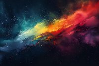Vibrant cosmic dust clouds in rainbow colors against dark space background, featuring dynamic swirls of turquoise, yellow, orange and red nebula formations.
