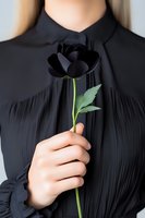 Woman in black pleated dress holding single black rose against dark background, creating dramatic and mysterious mood for gothic fashion and romance concepts.