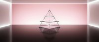 Geometric pyramid structure with layered triangular wireframe design in minimalist room with pink and dark gradient lighting.