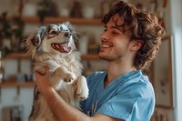 Smiling young Caucasian male veterinarian in blue scrubs holding a happy Australian Shepherd dog at a veterinary clinic.