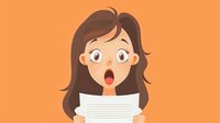 Shocked young woman with brown hair reading document with surprised expression on orange background for business and communication concepts.