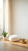 Minimalist meditation corner with white cushion, snake plant and golden bowl on bamboo mat near window for mindfulness practice and zen relaxation space.