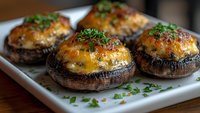 Stuffed portobello mushroom caps topped with melted cheese and fresh herbs on white ceramic plate, close-up view showing texture and golden-brown crust.