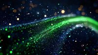 Abstract glowing particles with green and blue light trails against dark background, sparkling bokeh effect creates magical atmosphere for festive designs.