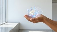 Futuristic holographic crystal flower floating above open palm in modern minimalist interior space with natural lighting and clean architectural lines.