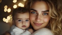 Young Caucasian mother with blonde wavy hair and blue eyes holds her baby close in warm evening light with golden bokeh background creating intimate family moment.