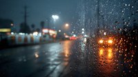 Raindrops on car window with blurred city street lights creating bokeh effect during evening storm. Atmospheric urban weather scene with wet asphalt reflections.
