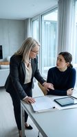 Senior businesswoman mentoring young female colleague in modern office discussing documents and strategy for professional development and career growth.