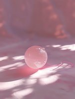 Rose quartz crystal sphere casting soft shadows on pink surface with window light creating dreamy ethereal mood for wellness and spiritual concepts.