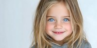 Young Caucasian child with long blonde hair and striking blue eyes wearing gray clothing against neutral background, expressing joy with gentle smile.