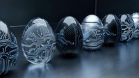 Futuristic metallic eggs with circuit board patterns arranged in row on dark surface for technology and innovation concepts.
