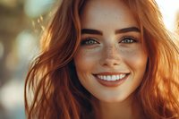 Young Caucasian woman with red hair and freckles smiling warmly in golden sunlight. Natural beauty portrait with soft lighting for lifestyle content.