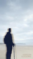 Silhouetted hiker with trekking pole standing on vast sandy beach, gazing toward distant horizon under overcast sky. Suitable for travel, adventure, and wellness concepts.