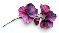 Delicate paper flowers in shades of purple and pink on white background, featuring detailed petals and artistic craftsmanship. Isolated design element for creative projects.