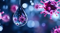 Microscopic virus cell reflected in water drop with bokeh background in pink and blue colors, scientific concept showing viral infection spread.