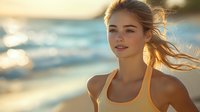 Young woman with blonde hair and fair complexion wearing yellow sports top at beach during golden hour sunset, enjoying outdoor leisure time by ocean waves.