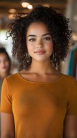Young mixed-race woman with curly hair wearing mustard yellow top and gold hoop earrings smiling confidently in modern indoor setting for lifestyle content.