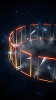 Futuristic glowing orange frames floating in cosmic space with stars and nebula clouds creating sci-fi digital art composition for technology concepts.