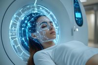 Young woman undergoing advanced medical brain scan with futuristic holographic interface displaying neural activity mapping and diagnostic data visualization.