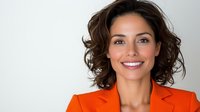 Smiling Hispanic businesswoman with curly brown hair wearing bright orange blazer against light background, professional corporate headshot style portrait.