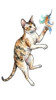 Playful tabby cat jumping and catching colorful feathered toy bird, isolated on white background for design, clipart, and children's illustrations.