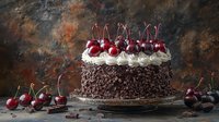 Black Forest cake decorated with fresh cherries and whipped cream on dark rustic background, chocolate shavings cover sides, classic dessert presentation.