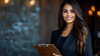 Professional businesswoman with long brown hair holding clipboard smiling confidently in modern office environment with warm lighting for corporate presentations.