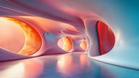 Abstract curved corridor with soft pink and orange gradient lighting, modern minimalist architecture featuring smooth arches and reflective floor in futuristic interior space.