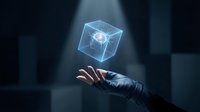 Businessman hand presenting glowing transparent cube with red core in dark environment. Futuristic technology concept for innovation and digital transformation.