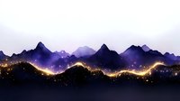Mountain range silhouette at dusk with glowing path of lights winding through peaks, creating magical nighttime landscape against purple twilight sky.