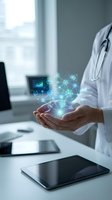 Doctor holding holographic medical technology network icons in hands at modern clinic office for healthcare innovation and digital medicine solutions.