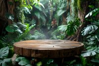 Wooden round platform display surrounded by lush tropical plants and misty jungle atmosphere, natural product photography background with dramatic lighting.
