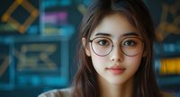 Young Asian woman wearing round glasses looking directly at camera with confident expression against blurred modern background with geometric shapes.