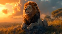 Majestic male lion resting on rock during golden sunset, illuminated by warm orange sky, dramatic clouds and tall grass savanna landscape in background.