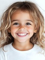 Cheerful young girl with blonde wavy hair and bright smile wearing white t-shirt against light background, close up portrait showing genuine happiness and joy.