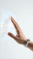 Hand interacting with futuristic holographic interface displaying digital data and technology elements on clean white background.