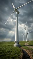 Wind turbines generating clean renewable energy on green hills under dramatic stormy sky for sustainable power production and environmental protection.
