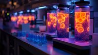 Glowing lava lamp style decorative jars with floating spheres in purple and orange neon lighting create atmospheric mood on dark bar counter with empty glasses.