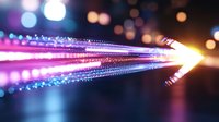 Glowing digital arrow formed by light particles moves through dark space with purple and orange bokeh effects creating futuristic technology concept visualization.
