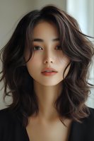 Young Asian woman with wavy dark hair and natural makeup wearing black blazer, looking at camera with confident expression. Soft window lighting creates elegant portrait.