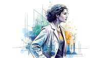 Professional female scientist with curly hair in lab coat conducting research with laboratory equipment and chemical formulas in modern workspace.