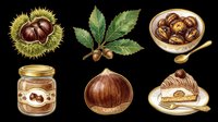 Chestnut collection isolated on transparent background. Includes whole nuts in spiky shell, leaves, roasted kernels in bowl, jar, peeled nut, and dessert slice. Ready for clipart, t-shirt design, print-on-demand, stickers, and sublimation projects.