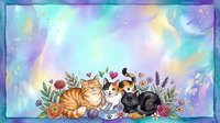 Watercolor illustration of three cats sitting together among colorful flowers and foliage against a dreamy pastel sky background with soft clouds and stars.