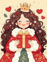 Smiling princess with long dark hair wearing crown and winter coat holds red gift box, surrounded by hearts and roses. Cute kawaii style illustration.