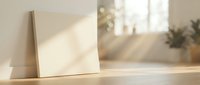 Blank paper bags on wooden table in bright sunlit room with soft shadows and warm natural lighting for eco-friendly packaging and retail display.