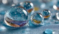 Water droplets with rainbow reflections on blue surface creating abstract macro photography with bokeh background for wellness and purity concepts.