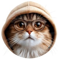 Close up portrait of fluffy cat wearing round glasses and beige beanie hat against white background, isolated circular design for stickers and decorative use.