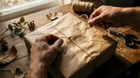 Male hands wrapping kraft paper gift box with twine near natural decorations and scissors on wooden table for holiday packaging and craft projects.